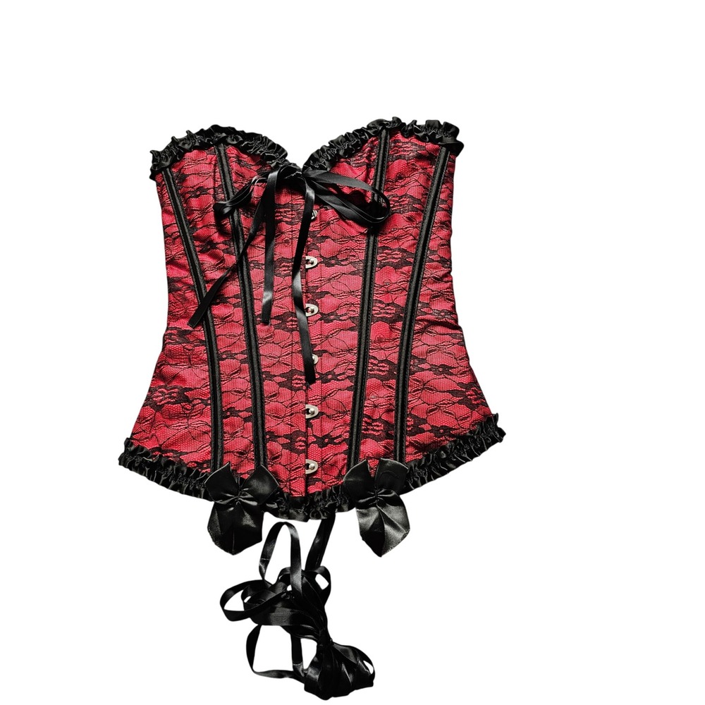 Red Black Floral Lace Overlay Corset Top Women XS Gothic Steampunk Burlesque